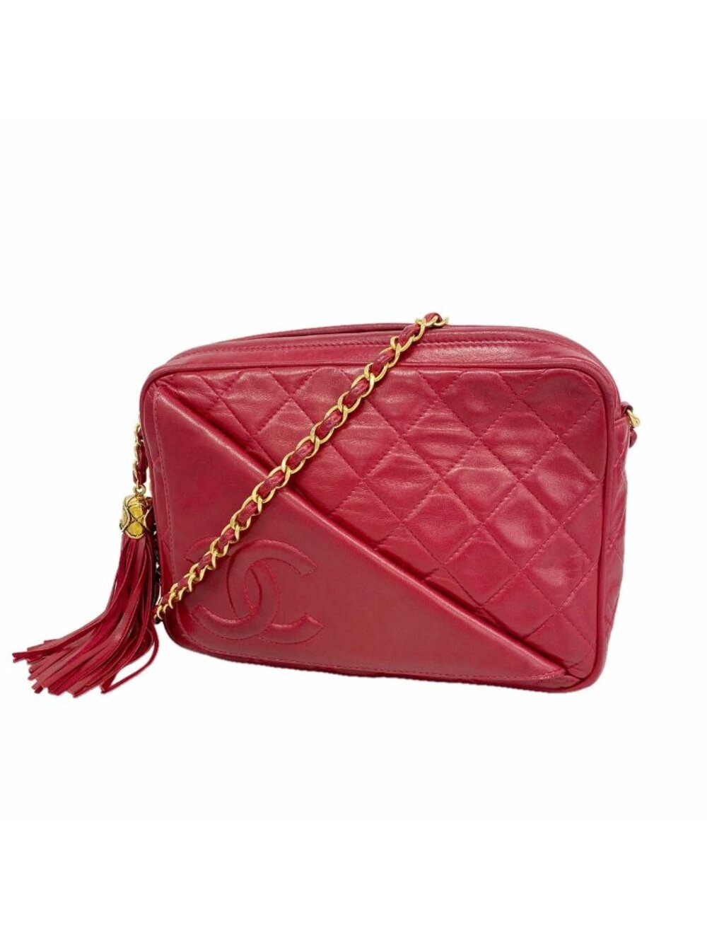 Chanel Shoulder Bag Quilted Lambskin Red Gold